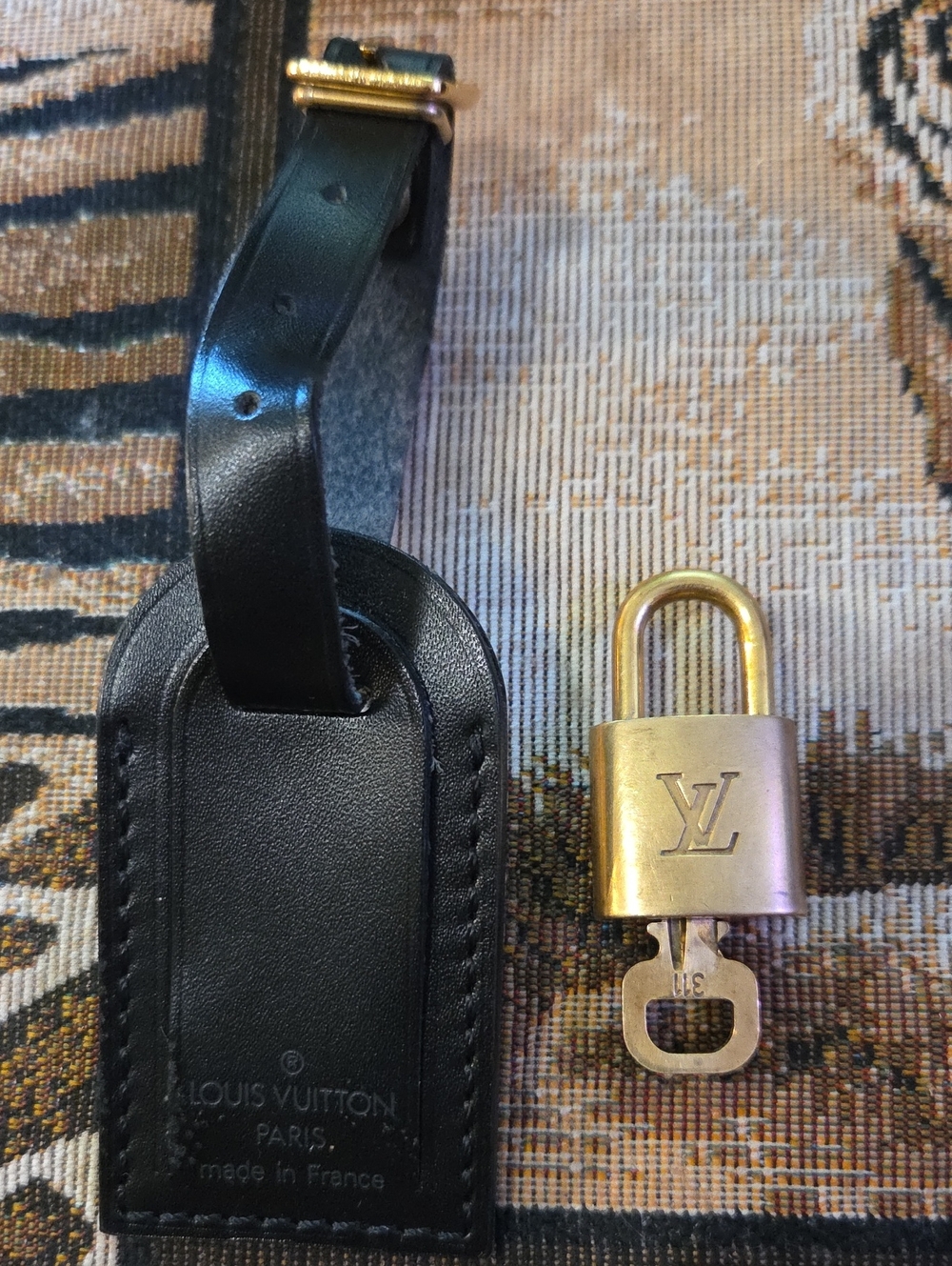 Louis Vuitton Black Leather Luggage Tag with Gold Padlock Key